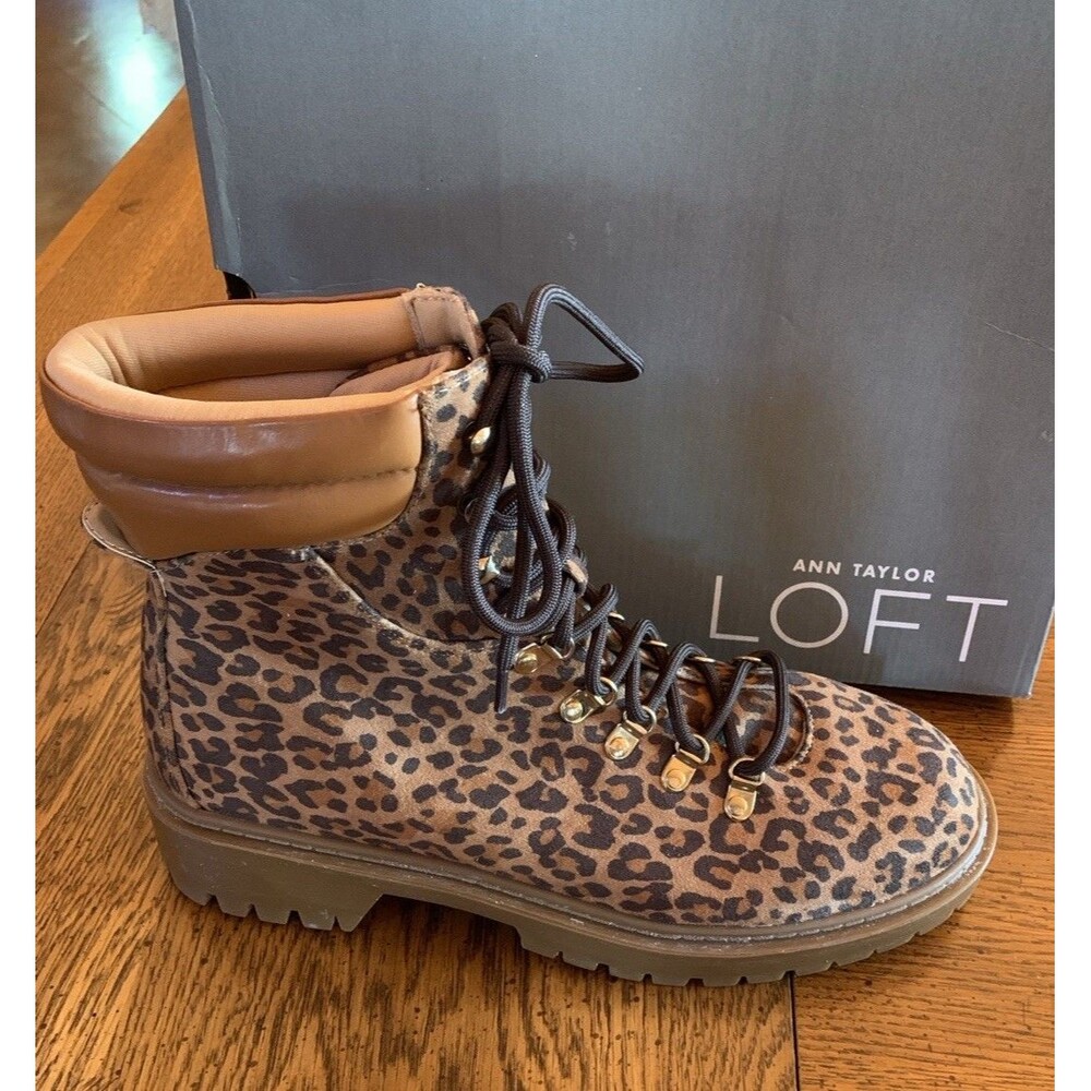 $128 Ann Taylor Lug Sole Boots Leopard Missy Hiker Chunky Pink Brown Laces 9.5M